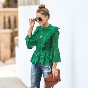 Vici Green Crochet Lace Peplum Blouse